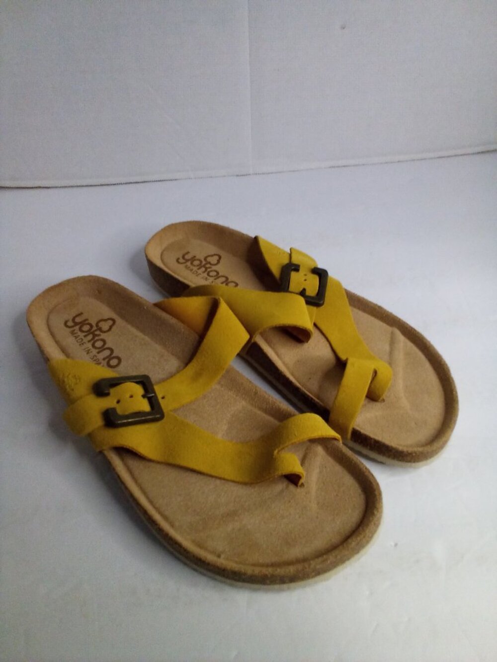 Yokono Sandals Women 8 Suede Leather Cork Brown Yellow Spain